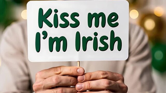 Man holding a Kiss me im Irish sign for St Patricks Day celebration. Festive party with green and gold decor and bokeh lights.