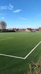 Obraz premium Sunny Day at Green Turf Athletic Field Under a Blue Sky with Scattered Leaves and Residential Buildings in the Distance