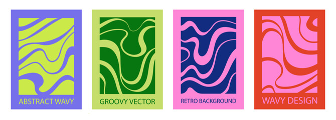 Groovy Retro Poster Set with Abstract Waves Psychedelic Backgrounds, Minimal Vertical Designs