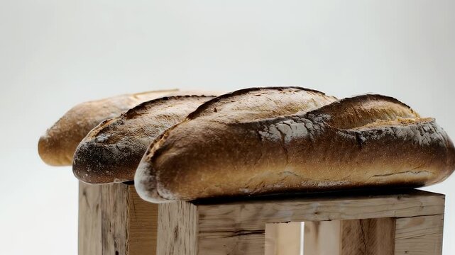 Three loaves of freshly baked bread are arranged on a rustic wooden platform against a stark white background