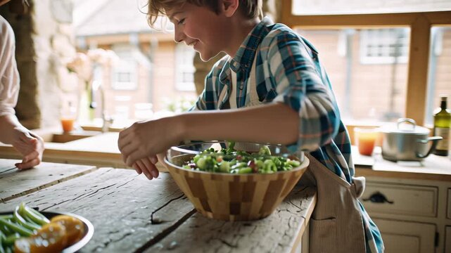 Elderly woman and young boy joyfully preparing salad together in rustic kitchen