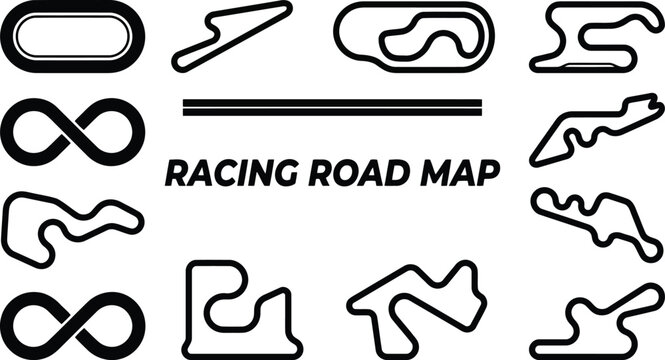 Racing road map icons and symbols for speed and competition  racing track logos and graphics