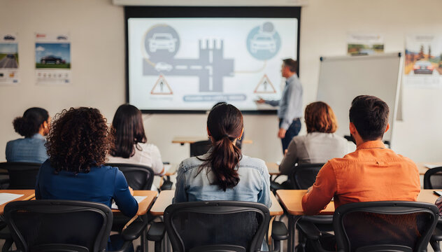 Driving School Classroom: Students Learn Road Safety Rules and Regulations in a Modern Setting, Preparing for Driver's License Exam with Instructor's Guidance