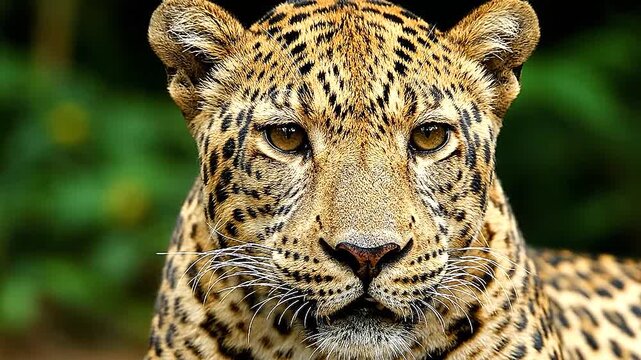 Close-up leopard face portrait with intense eyes, detailed fur and whiskers, soft jungle bokeh, cinematic wildlife realism nature photography style.
