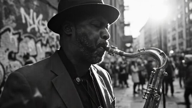 Street Jazz Saxophone Player Black and White Urban Performance