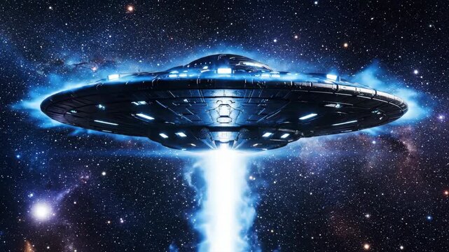 Glowing UFO Spaceship Hovers in Deep Space with Blue Aura and Stars, Emitting Mysterious Light and Capturing Imagination with Extraterrestrial Presence video
