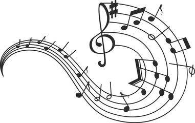 Music staff wave icon collection with treble clef melody symbols, pixel notes, abstract sound lines, musical composition elements isolated on white background vector.