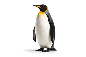 Emperor penguin standing upright isolated on a clean white background.