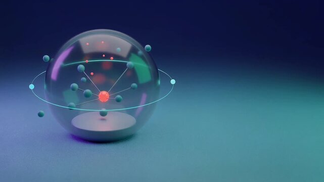 Quantum Computing Atom Model Inside Glowing Neon Sphere with Copy Space Background