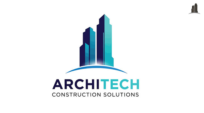 Architech construct on solutions logo with cityscape and curved line on white background