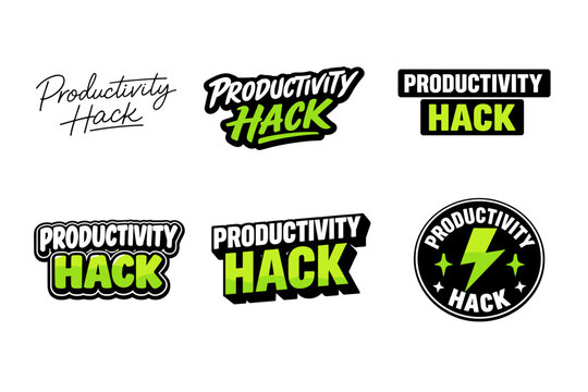 Productivity hack logos: bold green and black sticker designs collection