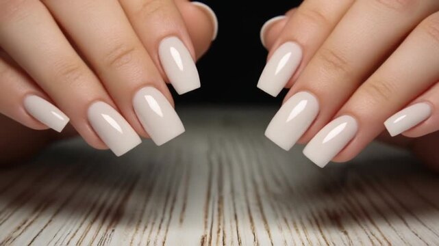 Woman's hands with manicured white nails on wooden table with blurred background