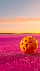 A yellow perforated ball rests on a vibrant pink textured surface with a golden sunset sky in the background, creating a striking contrast and a serene, playful atmosphere