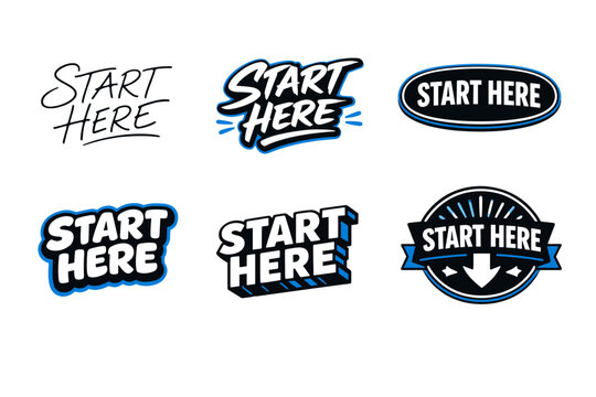 Collection of start here designs in various typography styles