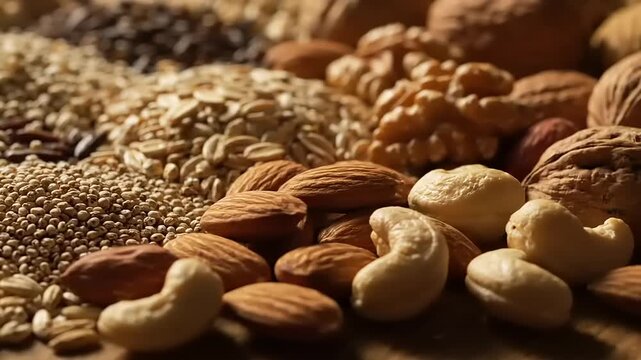 Assorted nuts and seeds display close up of healthy food variety