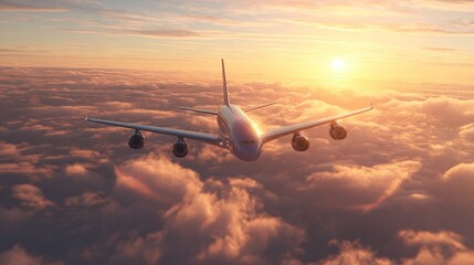 Airplane flying above the clouds during sunset in golden hour sky