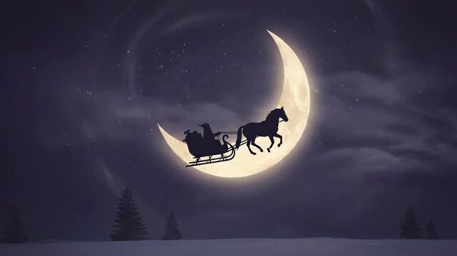 Silhouette of Santa Claus Sleigh and Horse Flying Against Big Moon in Night Sky