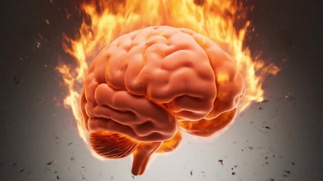 Burning human brain on fire with intense flames and smoke