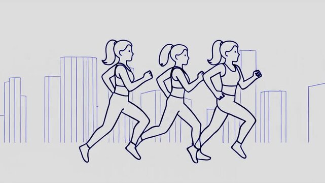 Group of Female Runners Jogging in City Park, Minimalist Black and White Vector Drawing Animation of Women Exercising Outdoors
