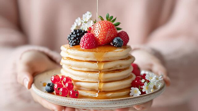 Delicious pancake stack with fresh berries and syrup drizzle for a perfect breakfast