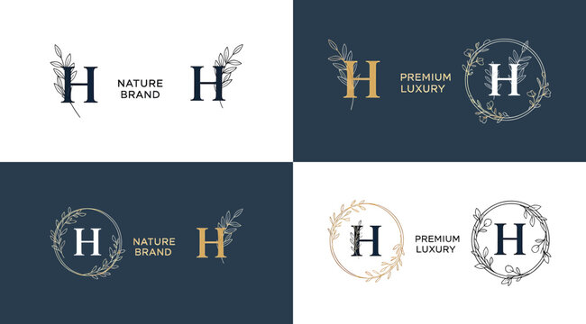 Collection of elegant letter h logos with floral wreaths and monograms on white and dark blue backgrounds