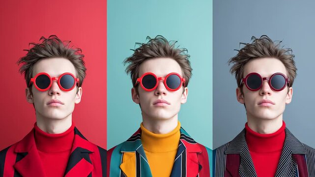 Trendy fashion trio: young man in bold outfits and round sunglasses against colorful backgrounds