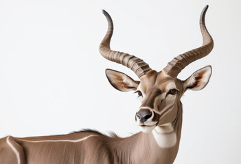 Proud Kudu antelope, with large, spiraled horns, white background