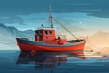 Obraz premium Fishing boat reflecting on serene water with distant mountains under a peaceful sky