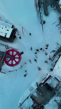 Aerial view skier racing at ski resort with snow
