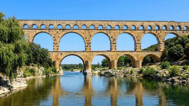 Pont Du Gard Roman Aqueduct Bridge Crossing Gardon River in France