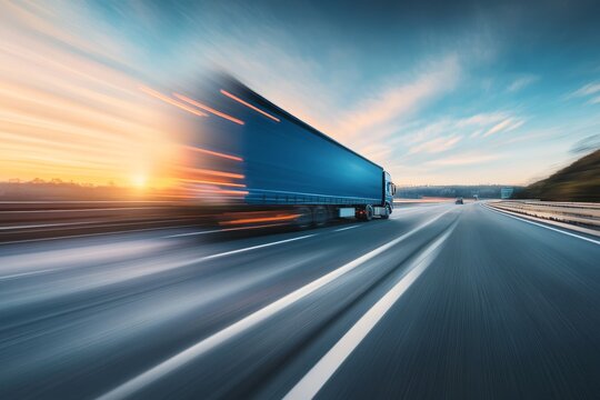 Blue truck speeds along highway at sunset showing fast transport and logistics in motion with blurred colors and vibrant light