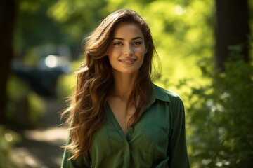 Fototapeta premium Young woman smiling outdoors, standing in lush green nature during the day