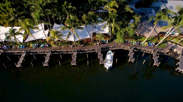 Aerial view of docks extending into the dark water, lined with palm trees and a boat, creating a striking contrast of light and shadow, Jupiter, Florida, United States.