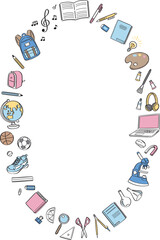 学校生活の文房具や学用品　線画イラストの丸フレーム　縦長　水色・ピンク