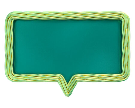 Abstract 3D Speech Bubble Frame with Glossy Turquoise Screen and Twisted Neon Green Metallic Border Isolated on White.