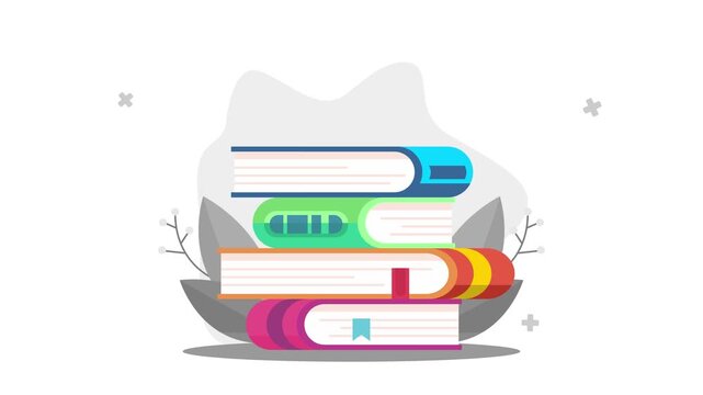 2D animated illustration of a stack of colorful books moving for study and reading materials, ideal for educational purposes.