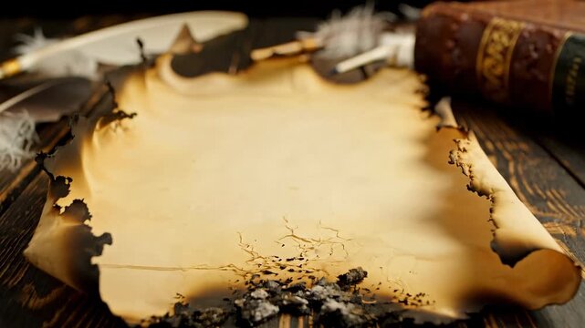 Old Parchment Paper with Burnt Edges on Wooden Table 4K