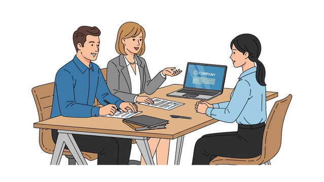 Three people are sitting at a table, two are interviewing a third person, with a laptop and papers on the table.