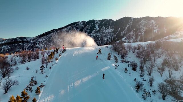 Aerial view skier racing at ski resort with snow