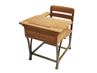 Fototapeta premium Vintage wooden school desk with metal frame and chair attached isolated on transparent background
