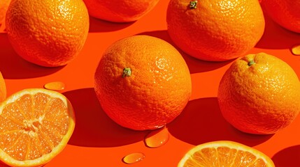 Fresh oranges and orange slices arranged on a vibrant orange background, showcasing the texture and color of the fruit in a visually appealing composition