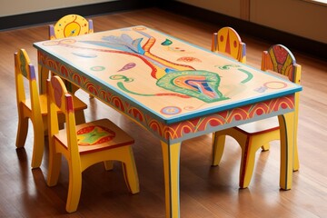 Vibrant children's table and four chairs featuring whimsical hand painted designs