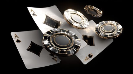 Poker chips and playing cards floating against a dark background