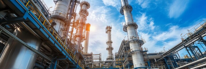 Fototapeta premium Pipeline transport and industrial processes at a petrochemical plant under a clear sky