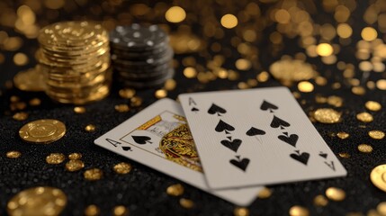 Poker hand with cards and chips on black surface with scattered gold