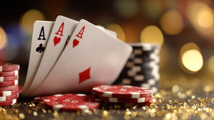 Poker hand with playing cards and casino chips gambling concept image