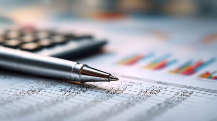 Silver pen resting on financial report with calculator and colorful bar graphs in the background, showcasing detailed numerical data and analysis