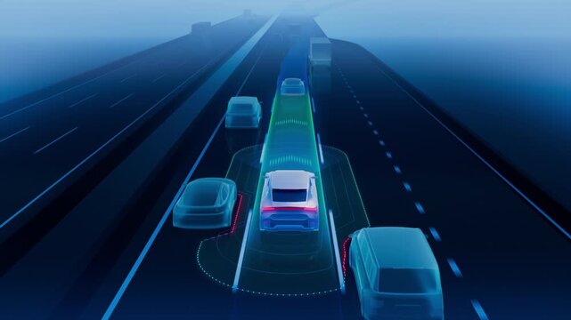 3D Animation of an Autonomous Car Illustrating Sensors and Advanced Cruise Control Capabilities. Mock-up of a Self-Driving Car Dark Blue UI showing Surrounding Traffic and Lane Keeping Technology.