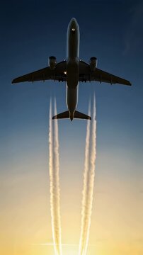 A magnificent airplane ascends into the sunset sky, leaving behind trails of vapor as it climbs high above the horizon, showcasing the beauty of aviation and nature combined.