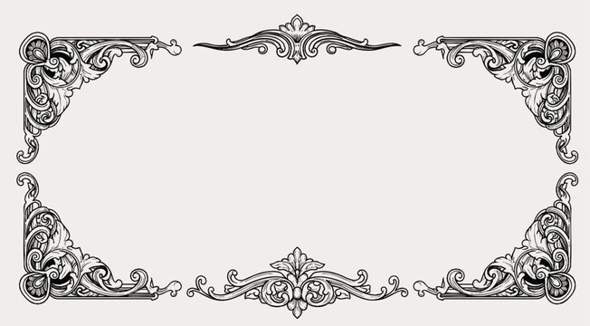 Vector vintage border frame engraving with retro ornament pattern in antique rococo victorian style decorative design